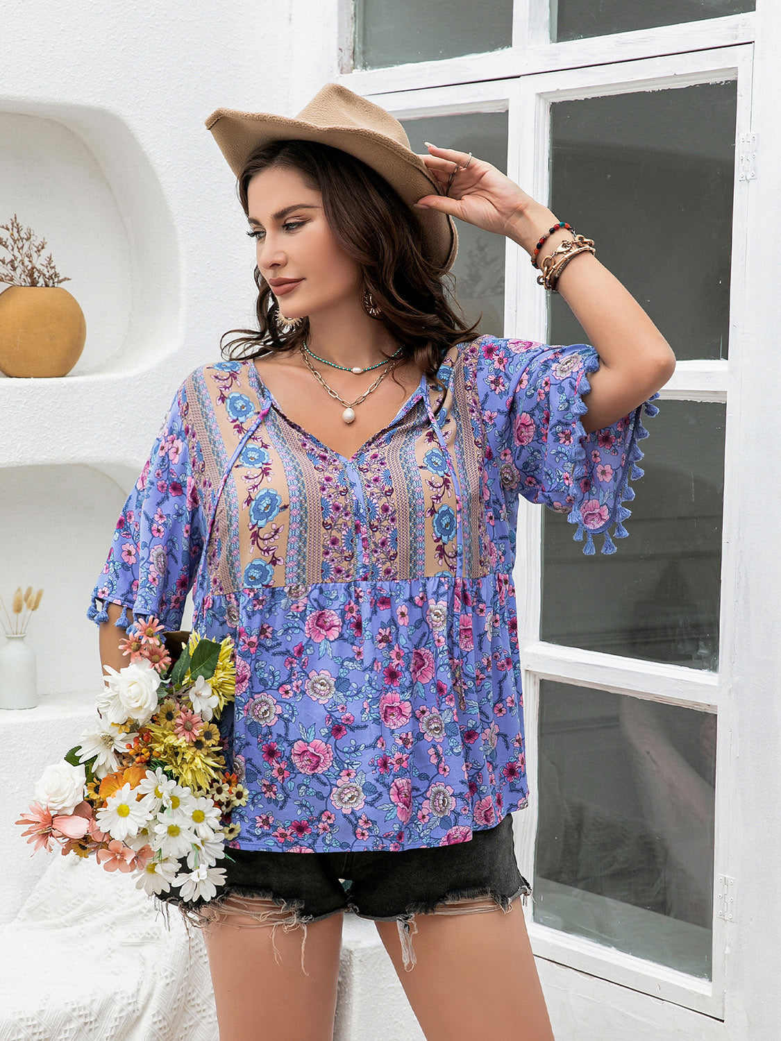 Plus Size Printed V-Neck Half Sleeve Blouse Trendsi