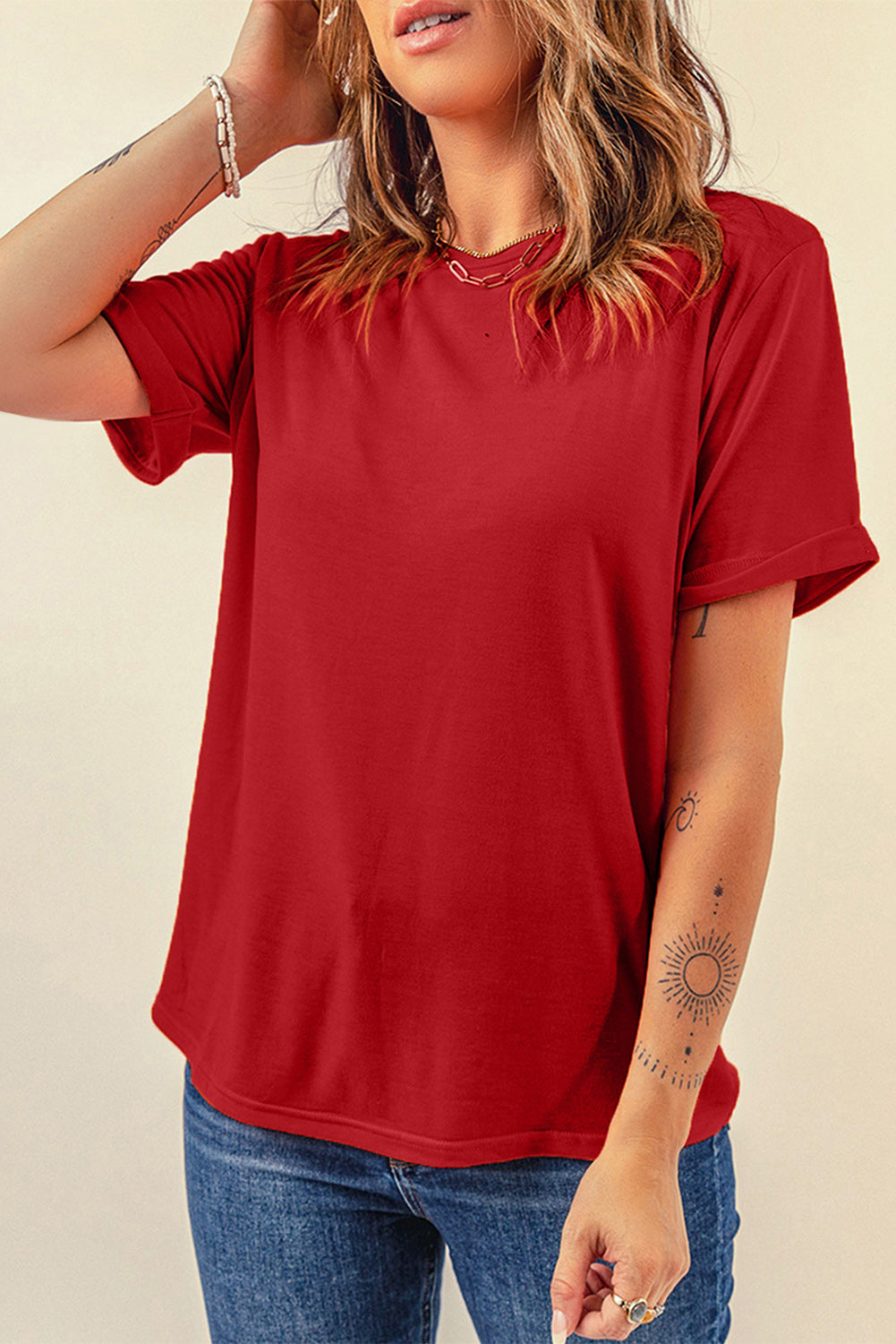 Round Neck Cuffed Short Sleeve Tee Trendsi