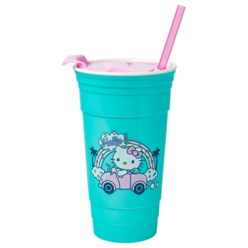 Silver Buffalo Hello Kitty Rainbow Car Plastic Tumbler with Lid and Straw, 32 Ounces Silver Buffalo