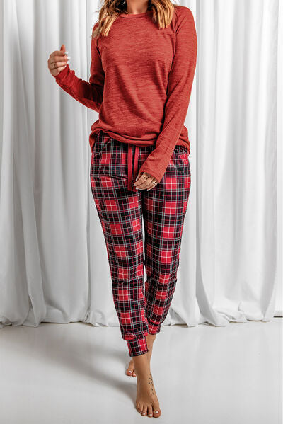 Round Neck Top and Drawstring Plaid Pants Lounge Set Trendsi