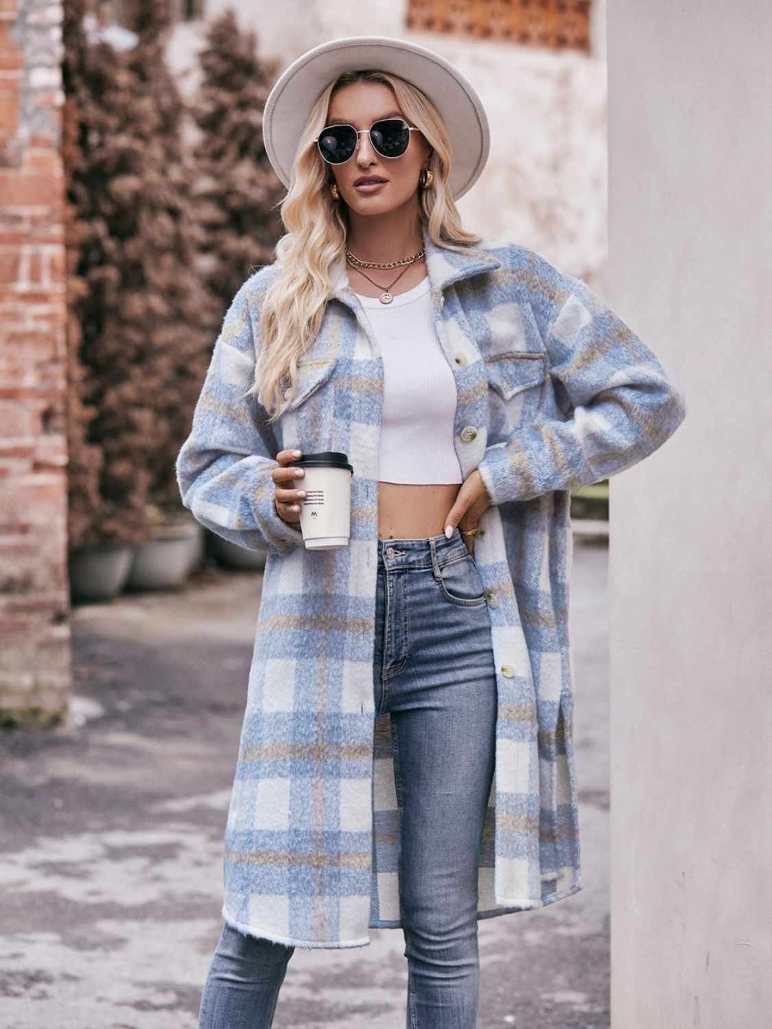 Plaid Dropped Shoulder Slit Coat Trendsi