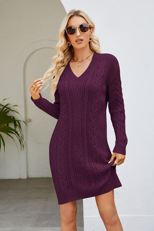 Cable-Knit Long Sleeve Sweater Dress Trendsi