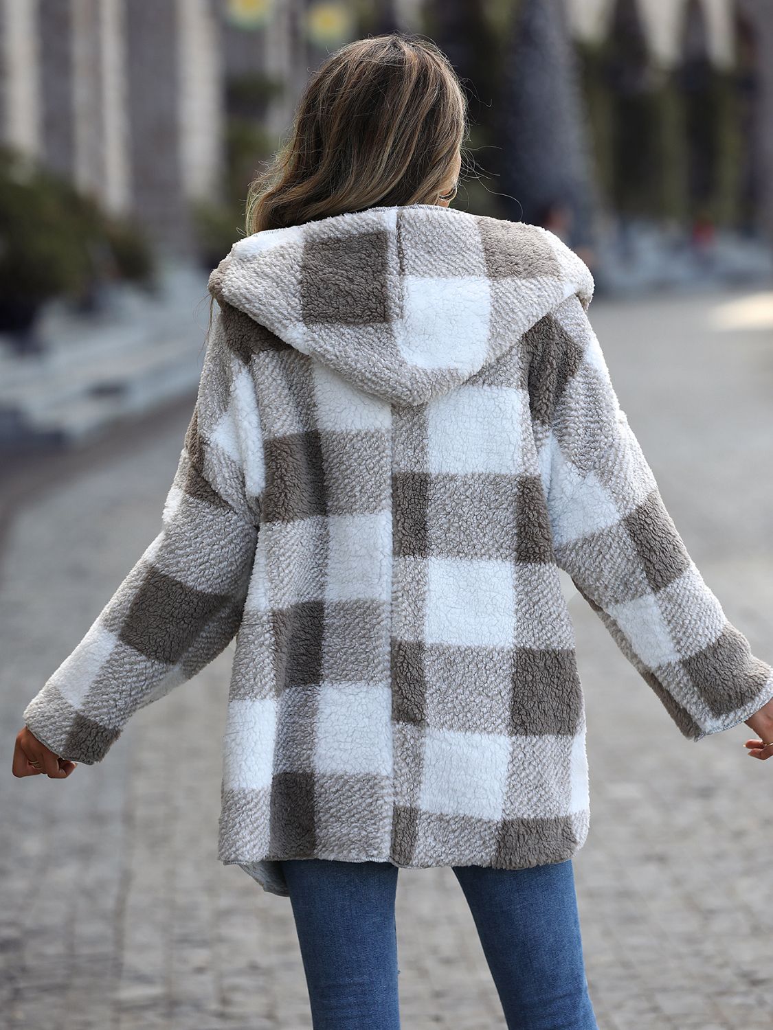 Plaid Open Front Hooded Coat Trendsi