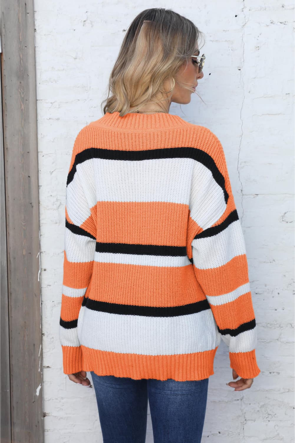 Color Block V-Neck Dropped Shoulder Sweater Trendsi
