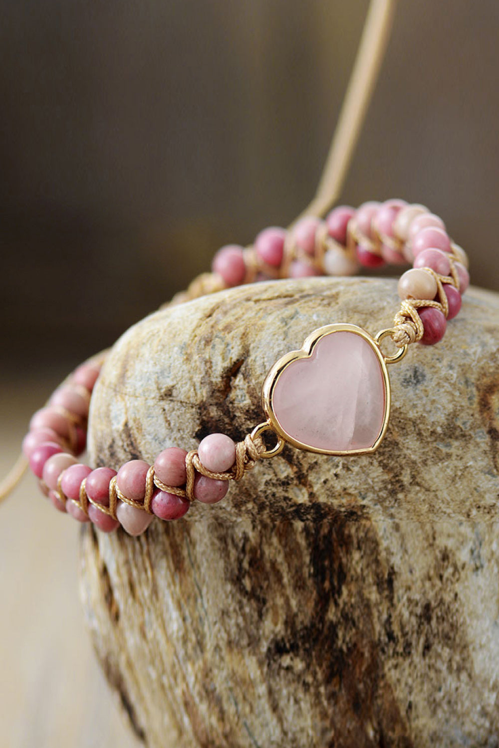 Rose Quartz Heart Beaded Bracelet Trendsi