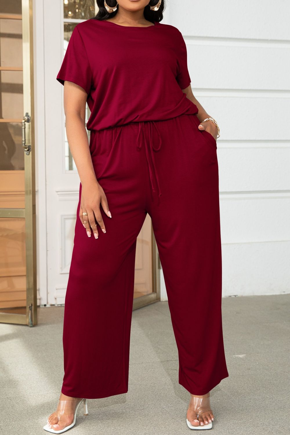 Plus Size Drawstring Waist Short Sleeve Jumpsuit Trendsi