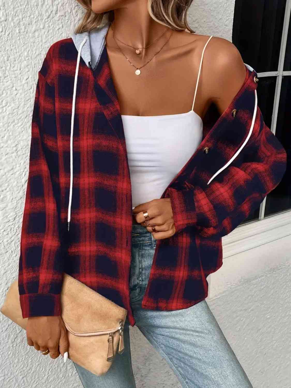 Plaid Drawstring Button Up Hooded Jacket Trendsi