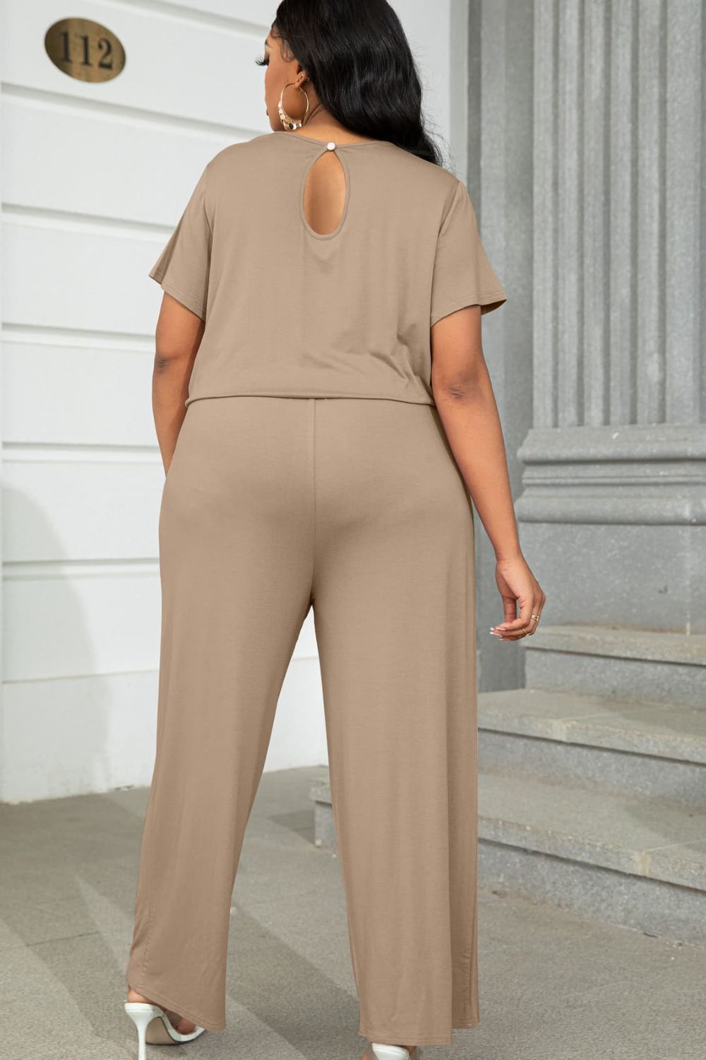 Plus Size Drawstring Waist Short Sleeve Jumpsuit Trendsi