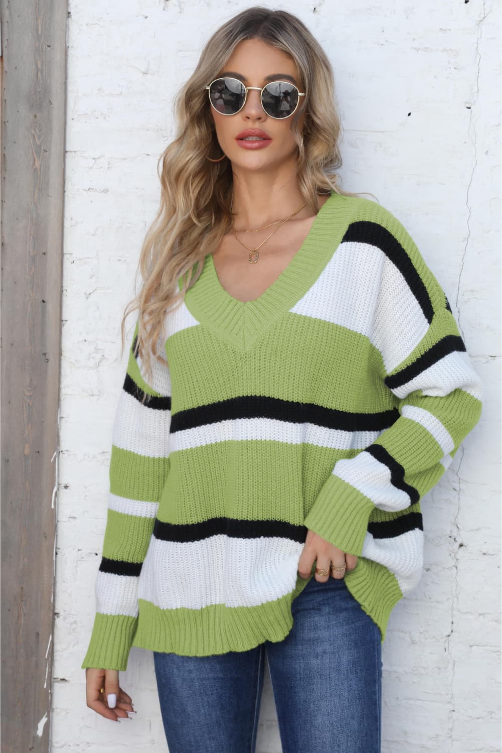 Color Block V-Neck Dropped Shoulder Sweater Trendsi