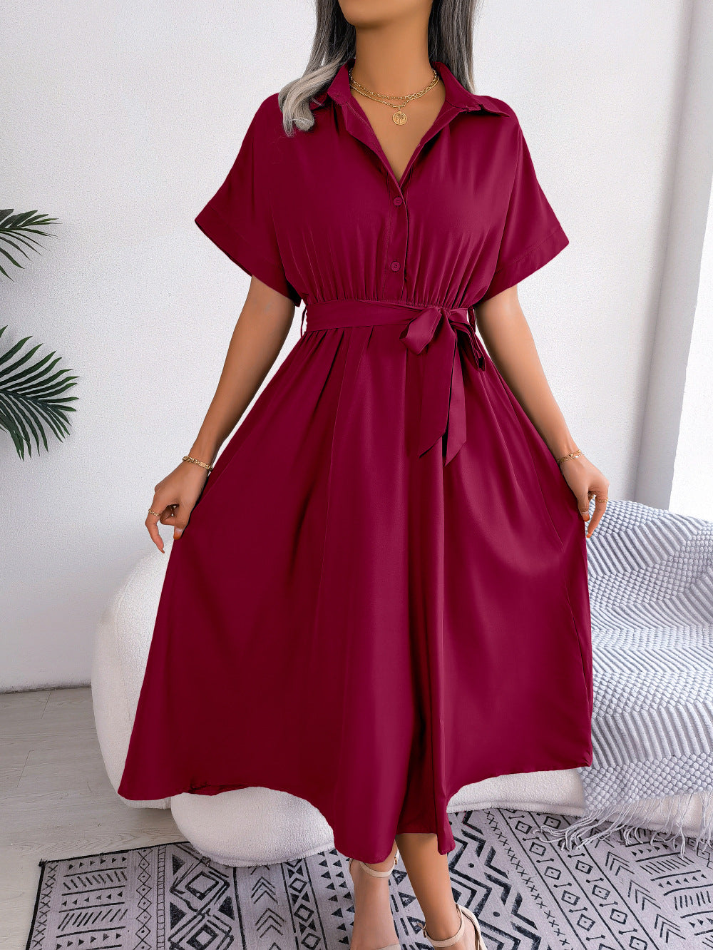 Short Sleeve Collared Tie Belt Dress Trendsi