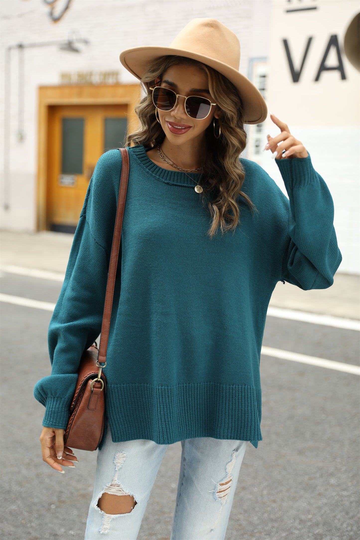 Round Neck Dropped Shoulder Slit Sweater Trendsi