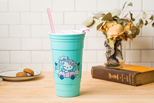 Silver Buffalo Hello Kitty Rainbow Car Plastic Tumbler with Lid and Straw, 32 Ounces Silver Buffalo