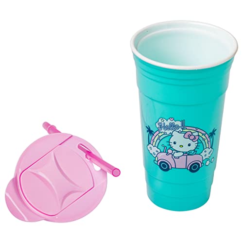Silver Buffalo Hello Kitty Rainbow Car Plastic Tumbler with Lid and Straw, 32 Ounces Silver Buffalo