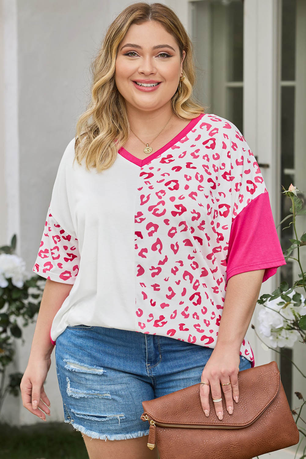 Plus Size Leopard V-Neck T-Shirt Trendsi