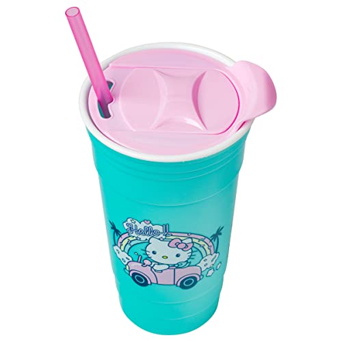 Silver Buffalo Hello Kitty Rainbow Car Plastic Tumbler with Lid and Straw, 32 Ounces Silver Buffalo