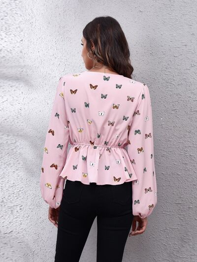 Butterfly V-Neck Balloon Sleeve Peplum Blouse Trendsi
