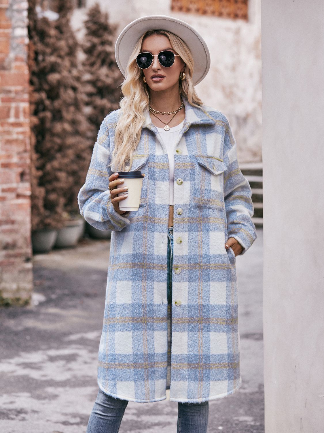 Plaid Dropped Shoulder Slit Coat Trendsi