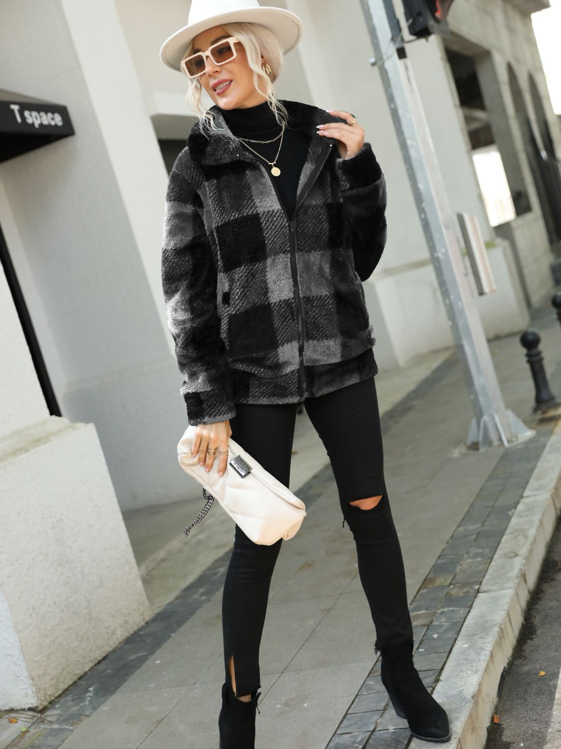 Plaid Zip-Up Collared Jacket Trendsi