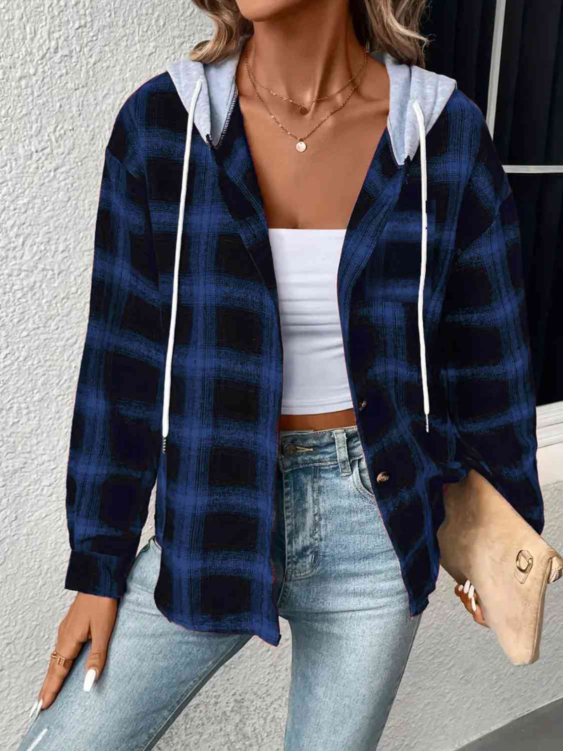 Plaid Drawstring Button Up Hooded Jacket Trendsi