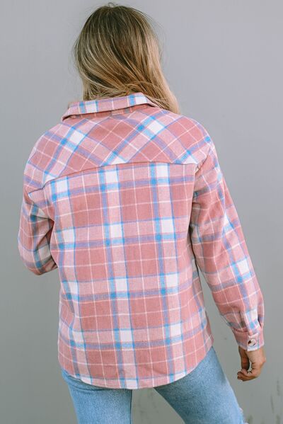 Plaid Pocketed Collared Neck Button Up Jacket Trendsi
