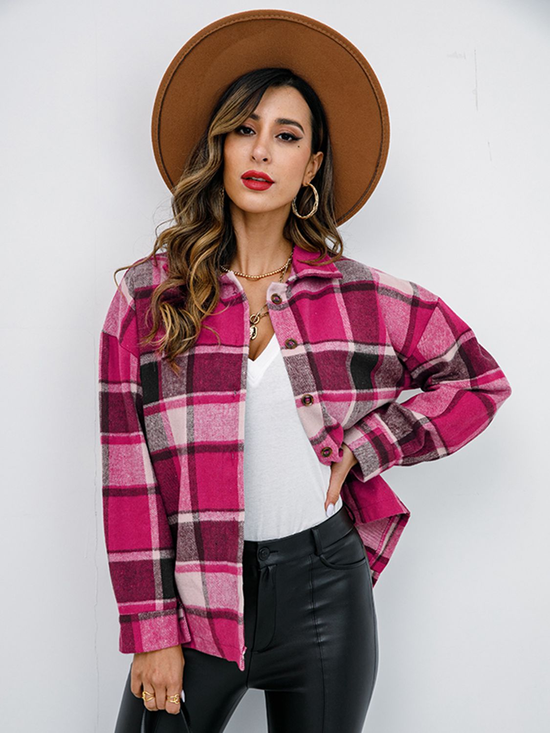 Plaid Button-Down Jacket Trendsi