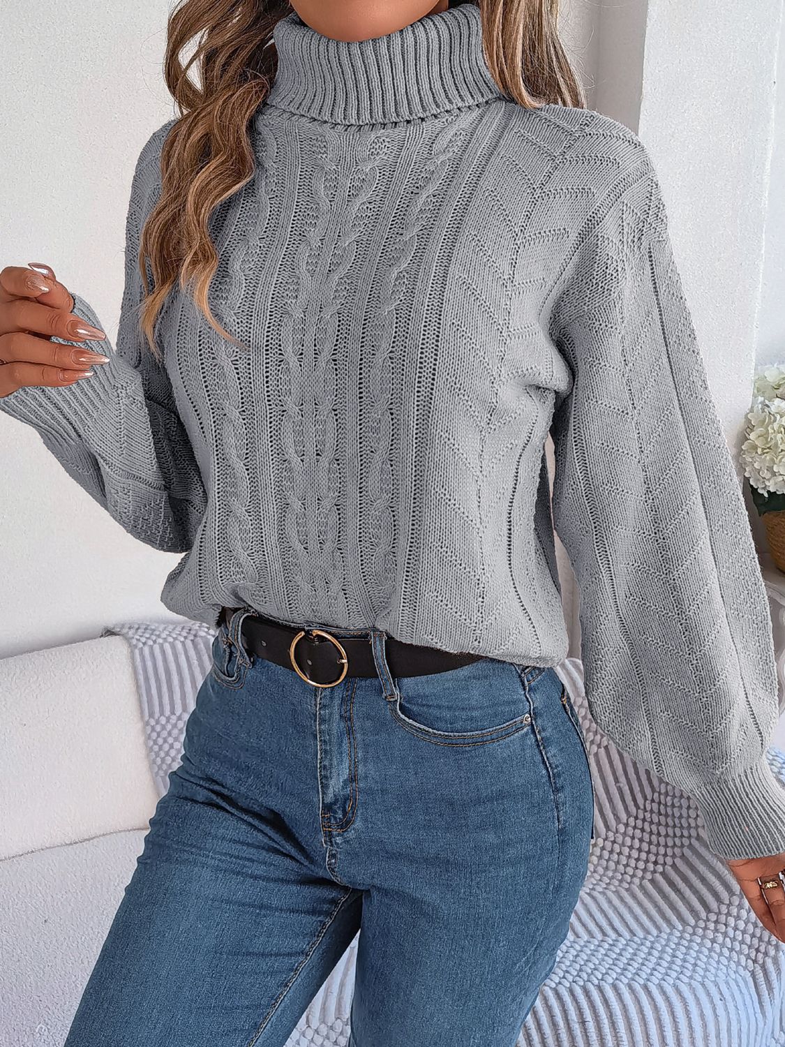 Cable-Knit Turtleneck Sweater Trendsi