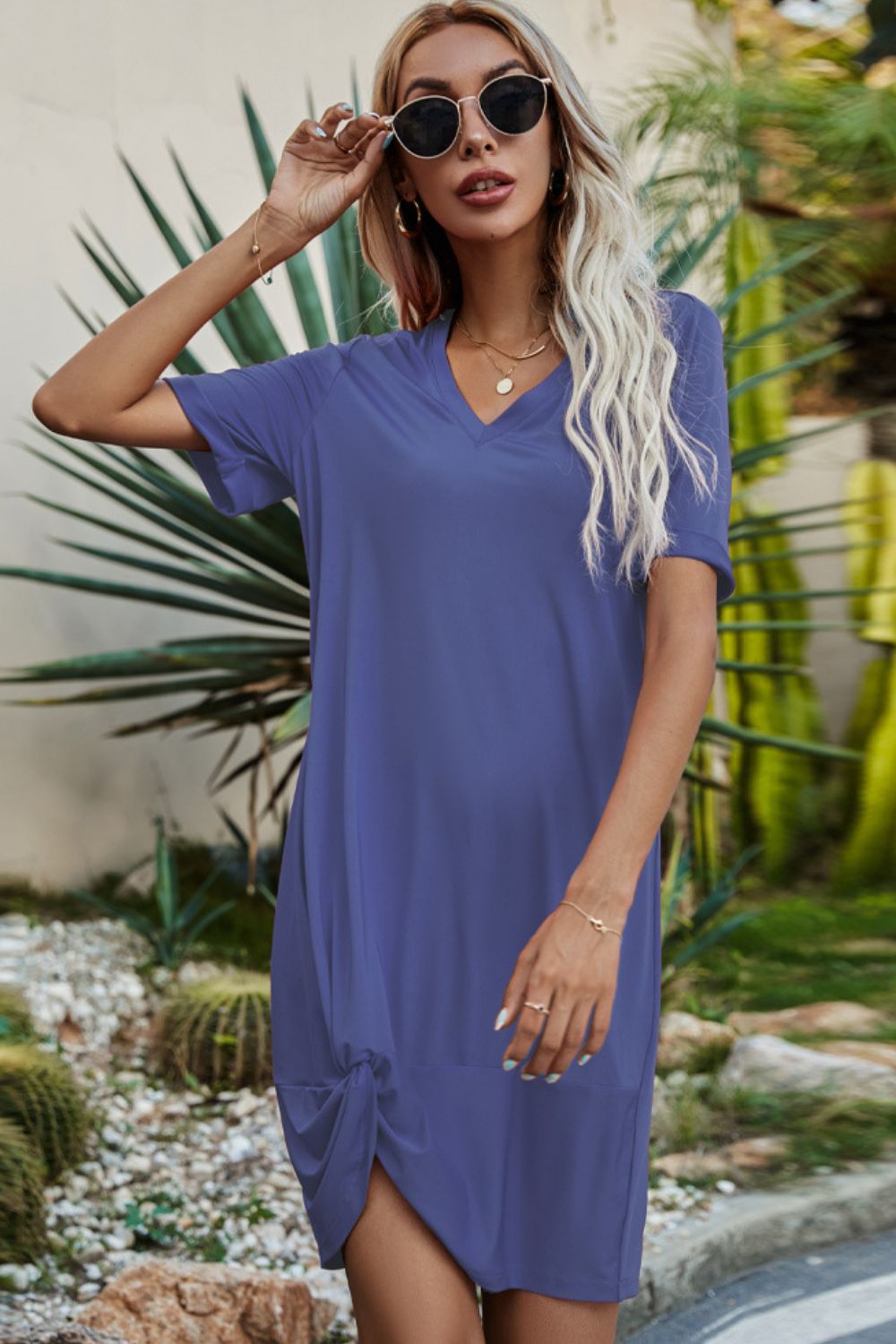 Twisted V-Neck Short Sleeve Dress Trendsi