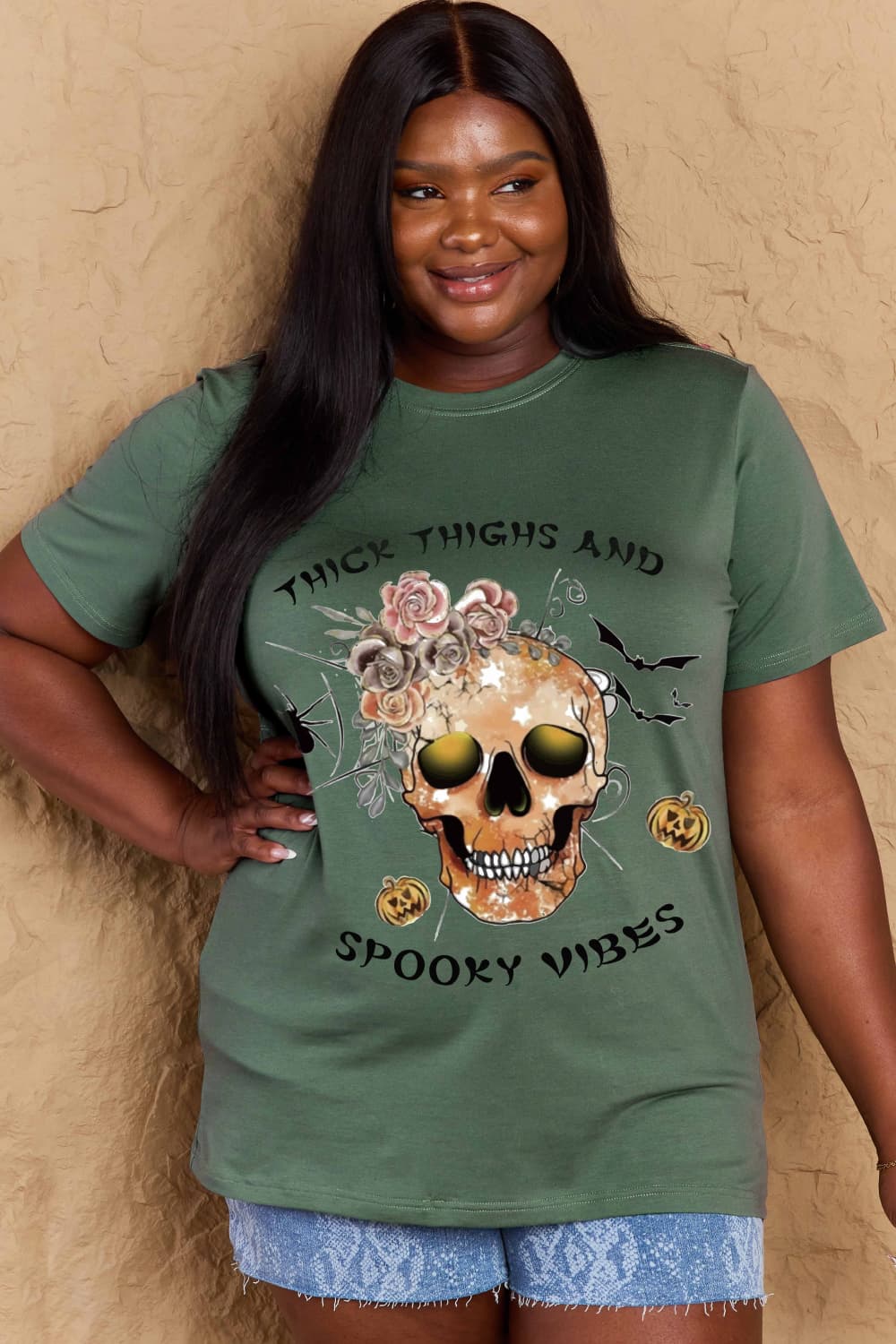 Simply Love Full Size THICK THIGHS AND SPOOKY VIBES Graphic Cotton T-Shirt Trendsi