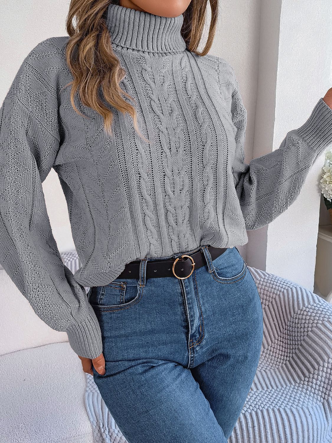 Cable-Knit Turtleneck Sweater Trendsi