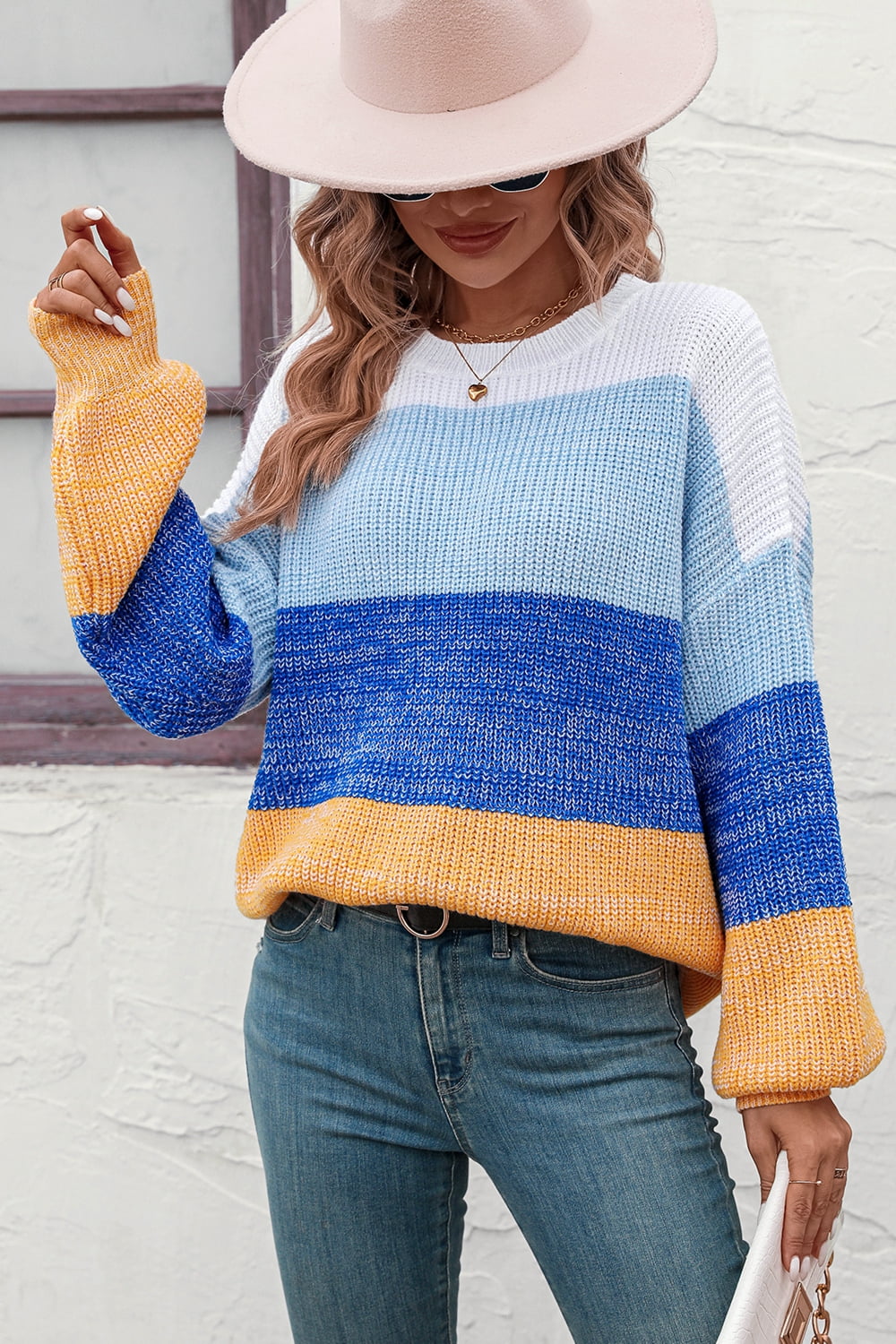 Round Neck Color Block Ribbed Pullover Sweater Trendsi
