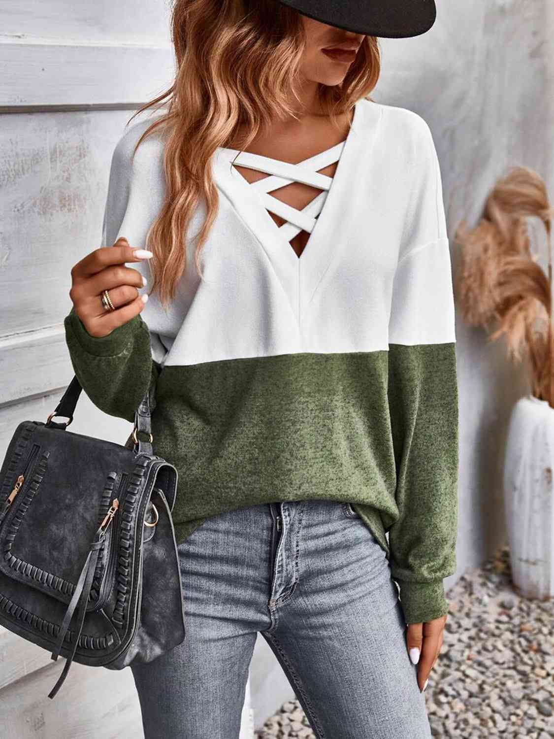 Two-Tone Crisscross Detail Sweatshirt Trendsi