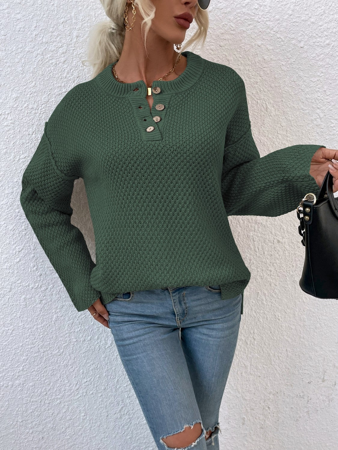 Quarter-Button Slit Sweater Trendsi