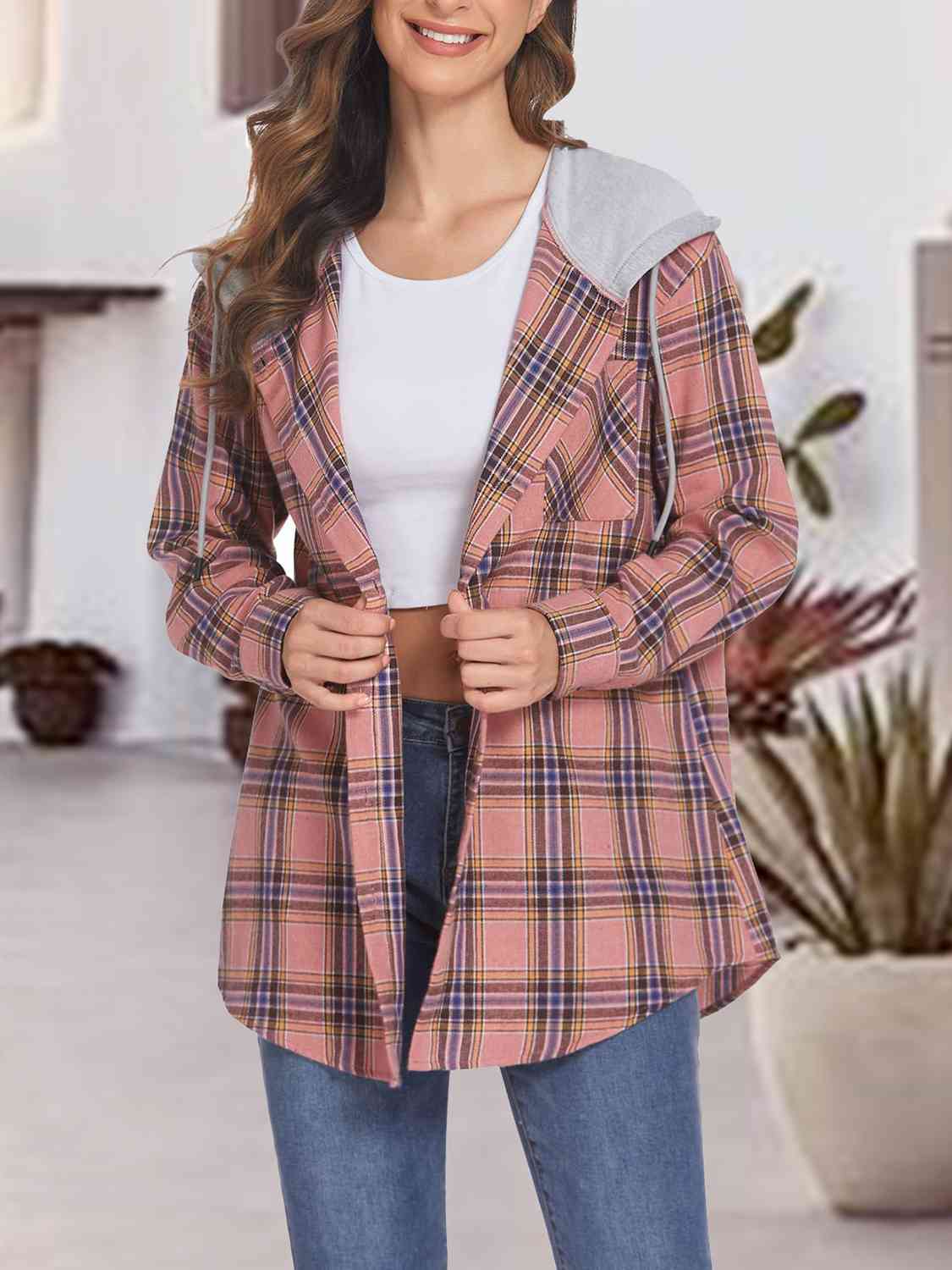 Plaid Drawstring Button Up Hooded Jacket Trendsi