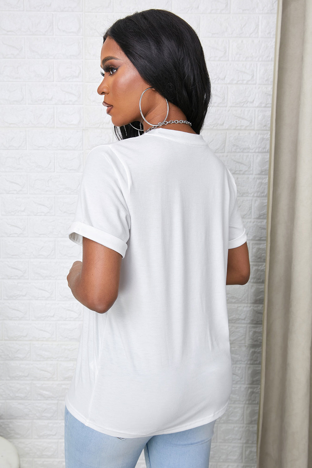 Round Neck Cuffed Short Sleeve Tee Trendsi