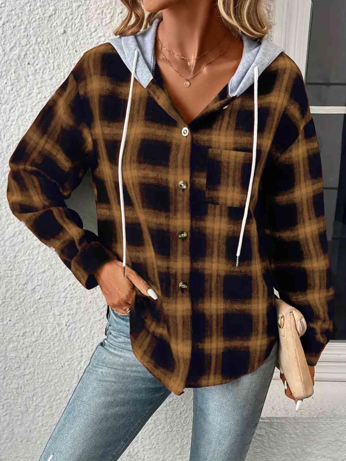 Plaid Drawstring Button Up Hooded Jacket Trendsi