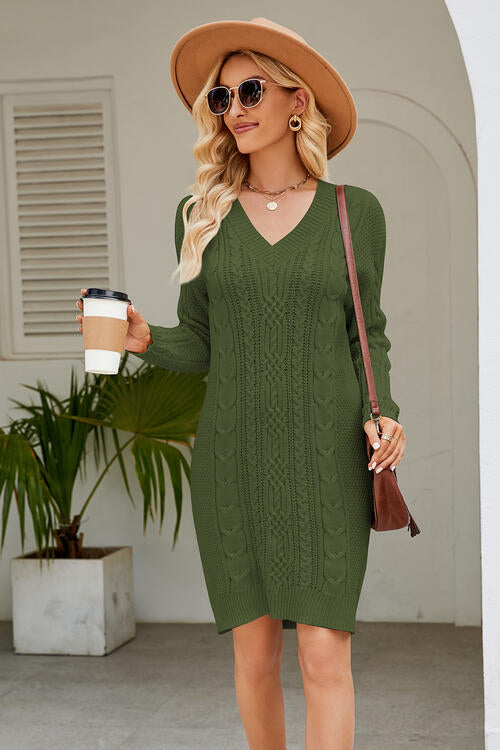 Cable-Knit Long Sleeve Sweater Dress Trendsi