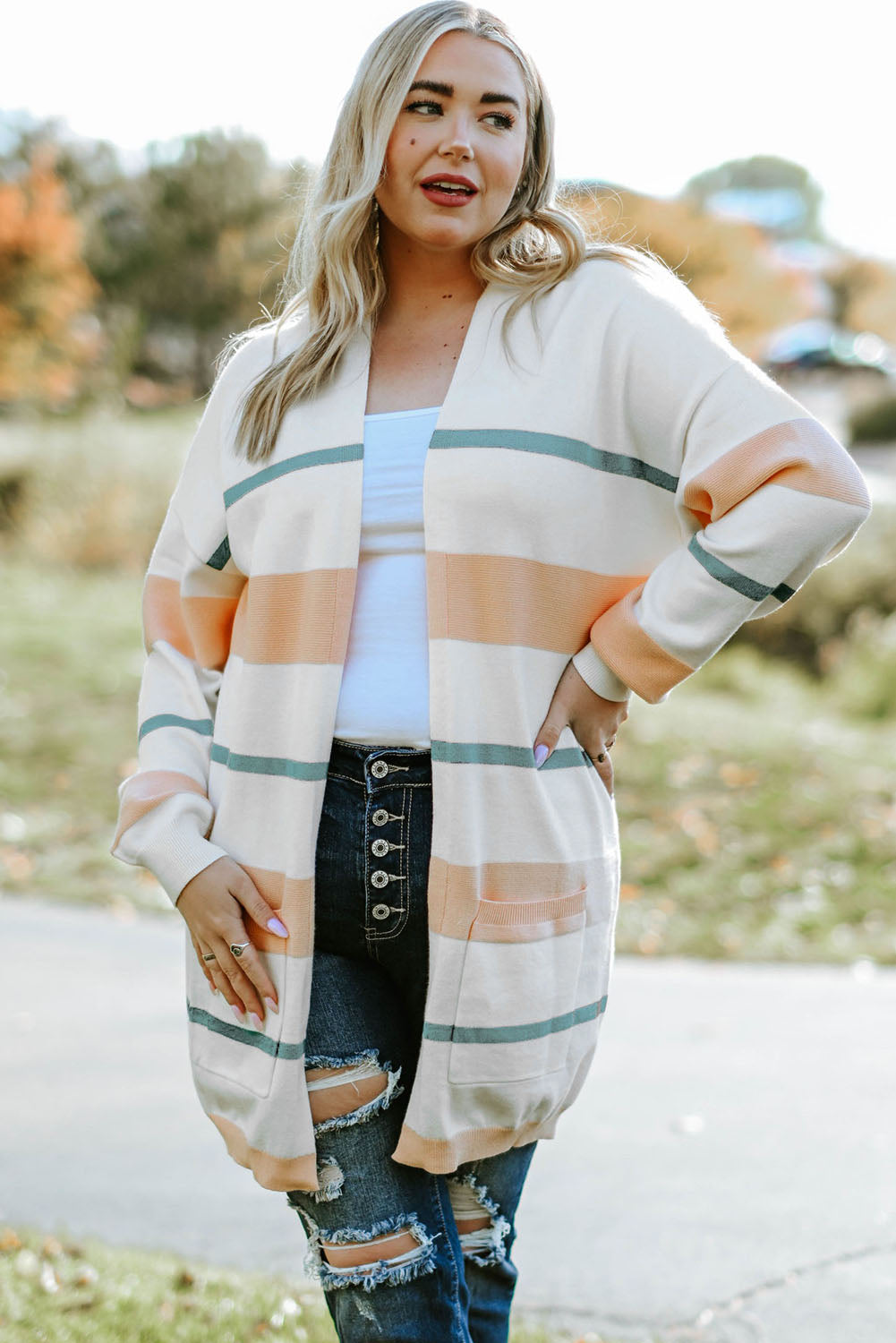 Plus Size Striped Open Front Cardigan Trendsi