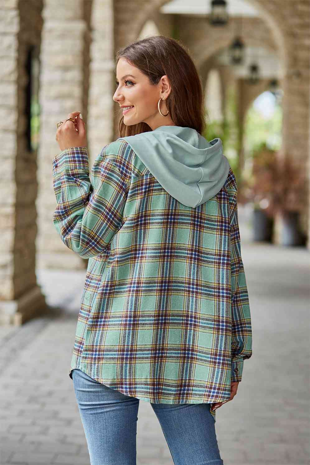 Plaid Long Sleeve Hooded Jacket Trendsi