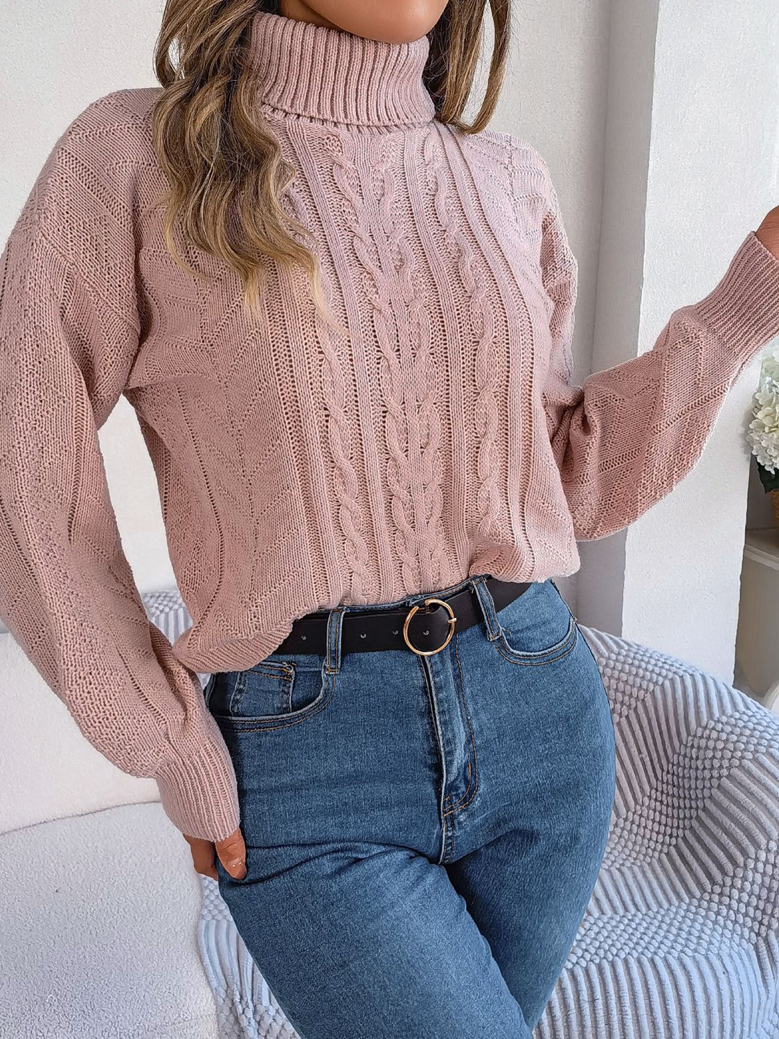 Cable-Knit Turtleneck Sweater Trendsi