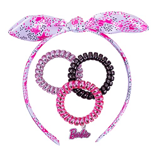 Barbie Headbands For Girls| 4pc Barbie Toddler Headband and Hair Ties| Knotted Headband fully cover by soft Barbie Designed Fabric |2pc Pink Toddler Hair Tie | 1pc Black Hair Ties | Cute Hair Accessories Ages 3+ Luv Her