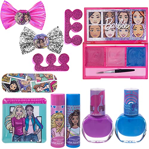 Barbie - Townley Girl 15 Pcs Makeup Filled Backpack Cosmetic Gift Set with Mirror includes Lip Gloss, Nail Polish, Hair Bow & more! for Kids Girls, Ages 3+ perfect for Parties, Sleepovers & Makeovers Townley Girl