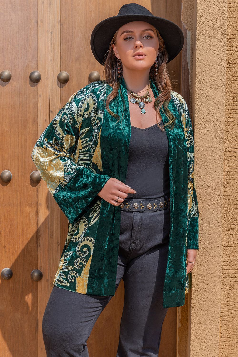 Plus Size Open Front Bohemian Style Long Sleeve Cardigan Trendsi