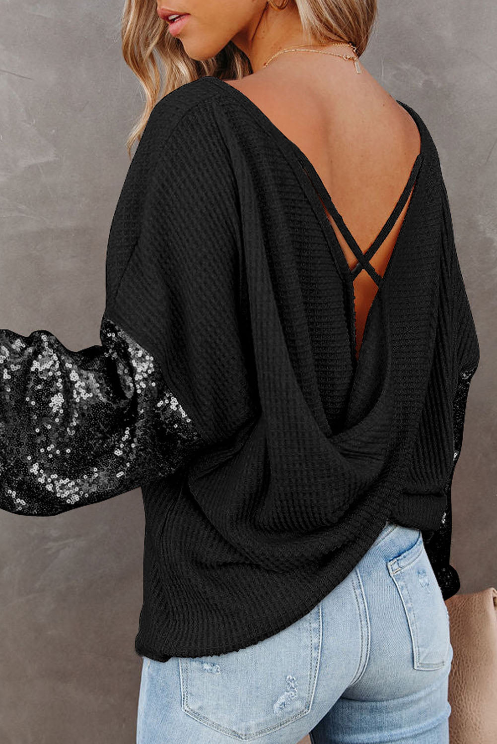Sequin Waffle-Knit Blouse Trendsi