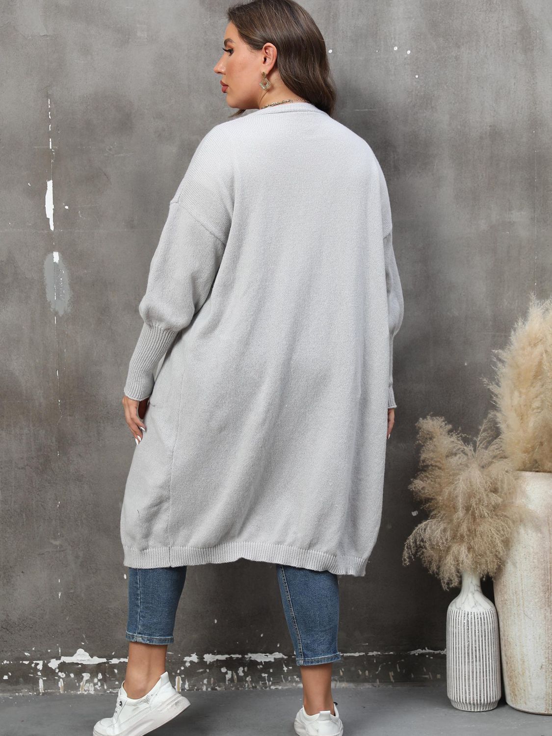 Plus Size Long Sleeve Pocketed Cardigan Trendsi