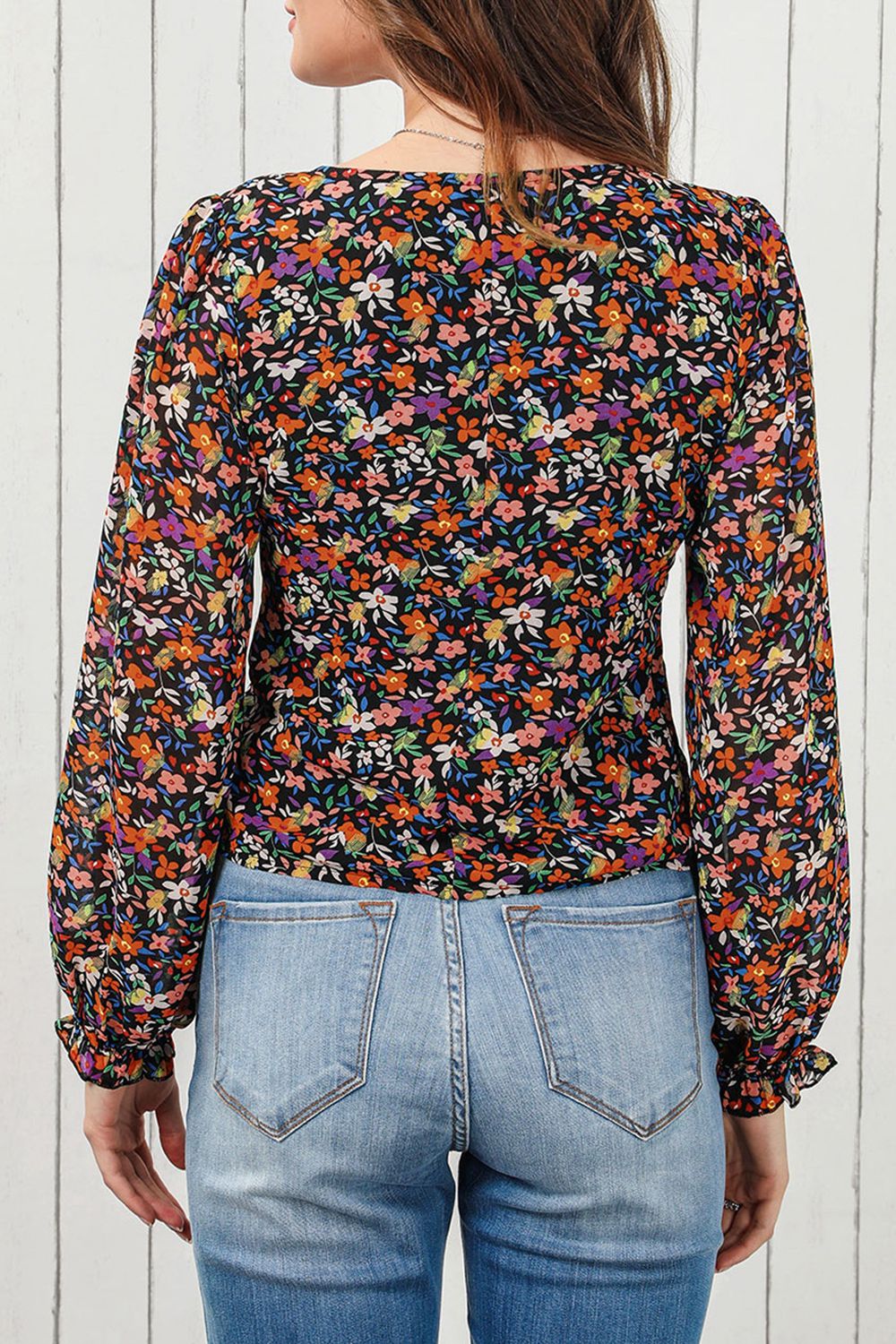 Plus Size Printed Surplice Neck Long Sleeve Blouse Trendsi