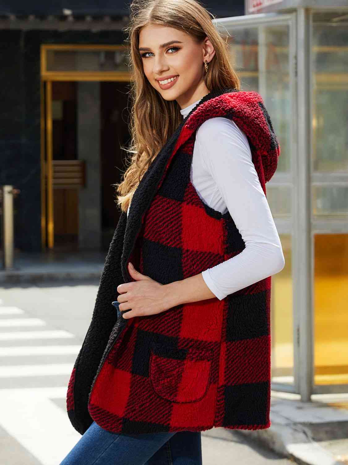 Plaid Hooded Vest Trendsi