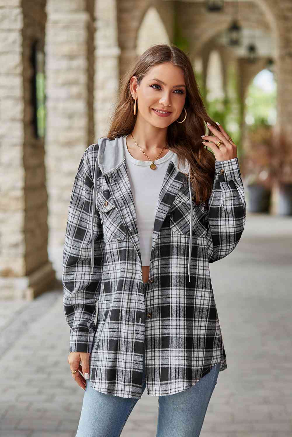 Plaid Long Sleeve Hooded Jacket Trendsi