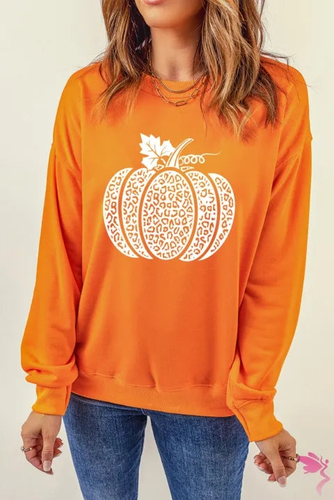 Round Neck Dropped Shoulder Pumpkin Graphic Sweatshirt Trendsi