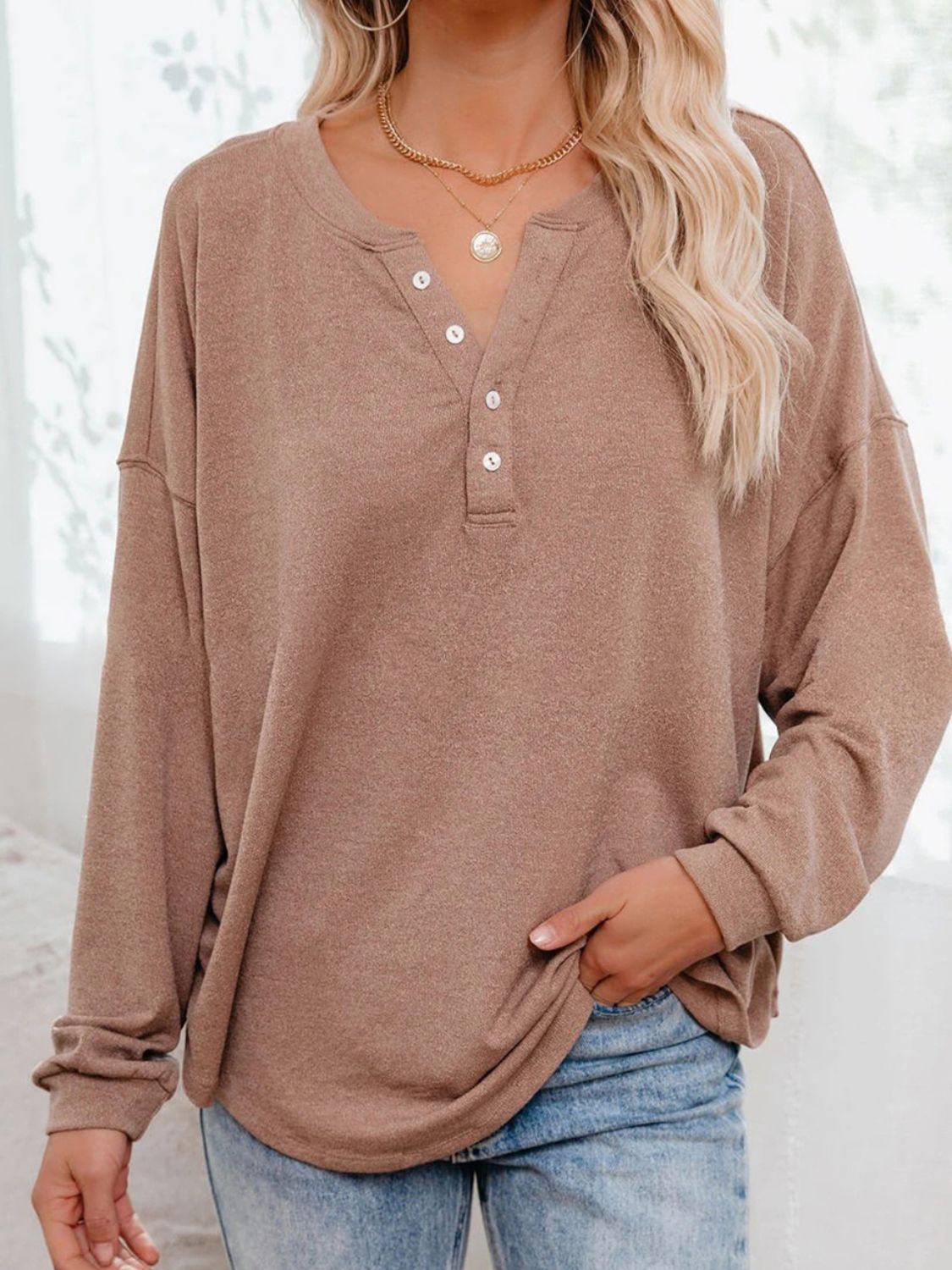Buttoned Drop Shoulder Top Trendsi
