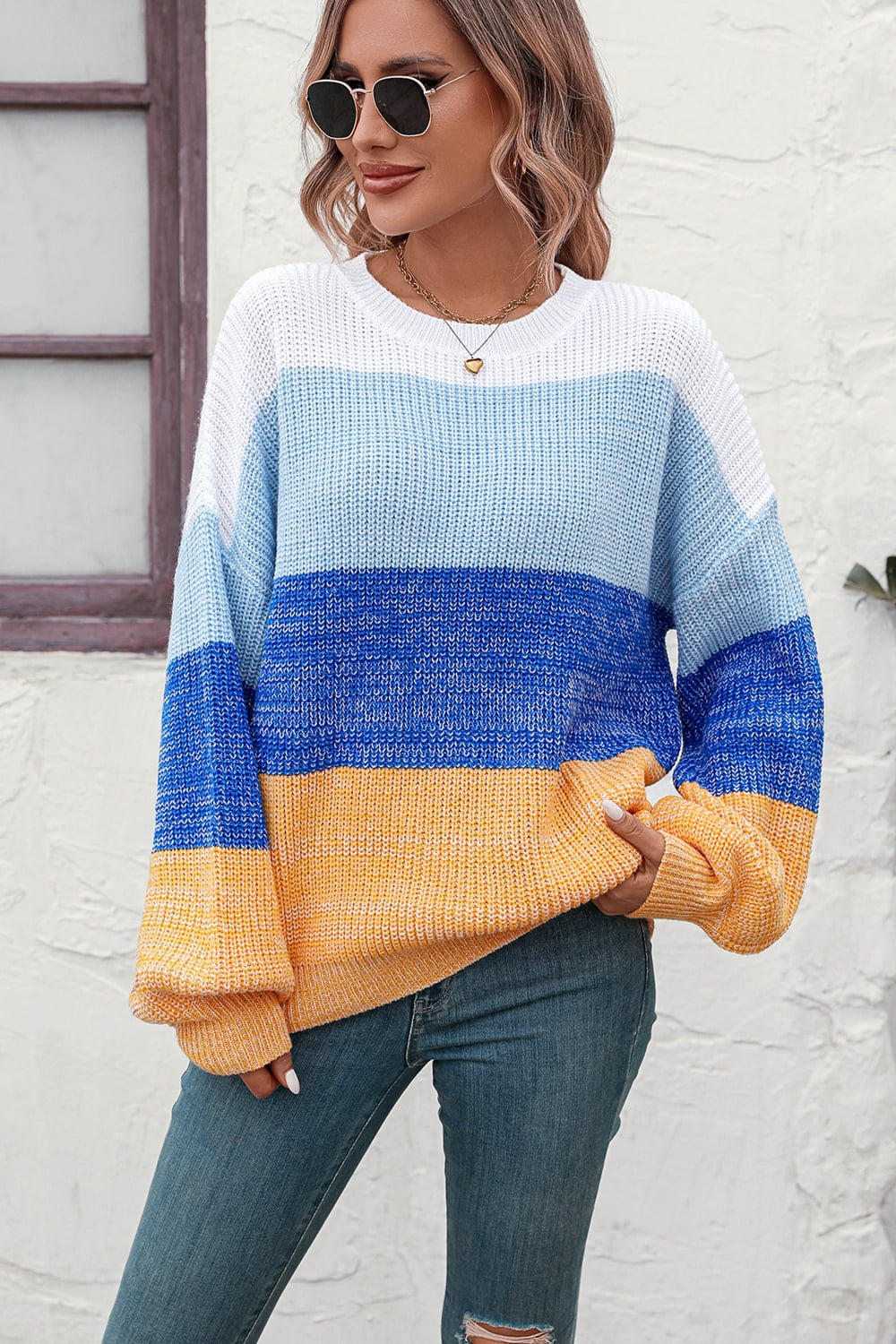 Round Neck Color Block Ribbed Pullover Sweater Trendsi